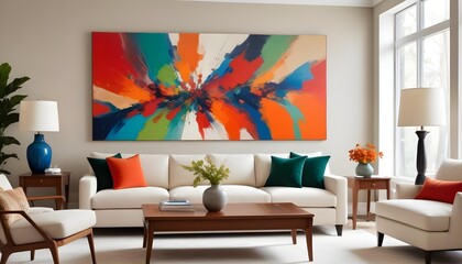 Modern living room with a big colorful painting hanging on the wall..