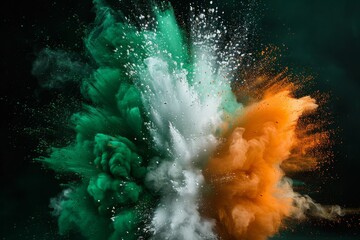 Multicolored powder explosion on black background. Green, white, and orange powder dust.