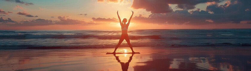 Woman doing yoga on a beach at sunset, Mental health, Balance and serenity