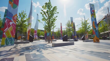 Public square with contemporary art installations and interactive elements