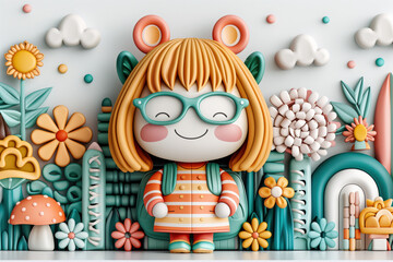 Whimsical 3D Girl with Glasses in Nature. A delightful illustration of a girl with glasses, surrounded by colorful flowers and nature elements, perfect for children's themes.