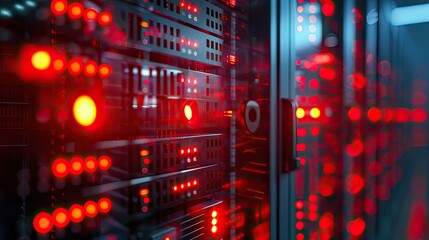 Obraz premium Data Center Server Rack With Red Indicators at Night