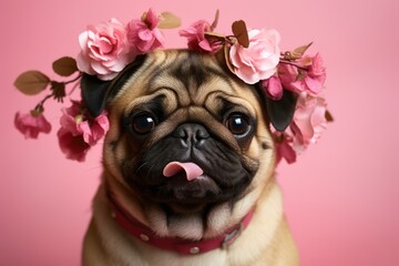 Pug dog with a pink flower crown on a pink background.