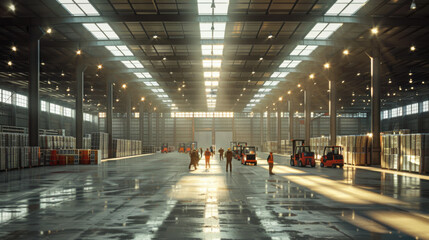 Expansive warehouse interior with workers and forklifts amidst large stacks of pallets, emphasizing logistics and supply chain efficiency.