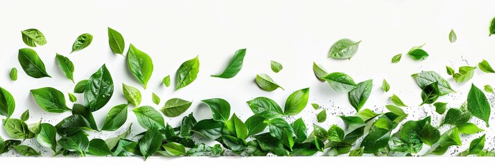 Obraz premium Vibrant Green Leaves Falling Gracefully on a Clean White Background During Autumn Transition