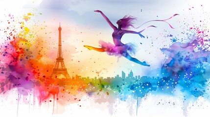Colorful Paris 2024 Olympics Artwork Featuring Dancer and Iconic Eiffel Tower
