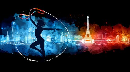 Graceful Paris 2024 Olympics Artwork Featuring Ribbon Dancer and Illuminated City Skyline
