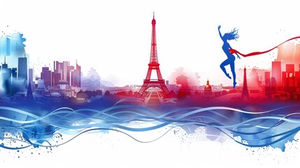 Creative Paris Olympic Games Artwork with French Flag Colors and Iconic City Skyline
