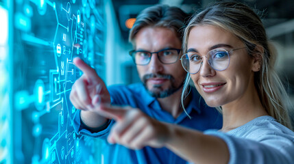 A woman and a man, standing on a turquoise background, confidently point towards a holographic interface. Concepts of modern technology and artificial intelligence.