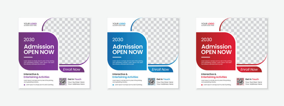 School admission open social media post design, back-to-school promotion square banner layout template, educational Instagram and Facebook post kit, high-quality web banner for enrollment ads bundle