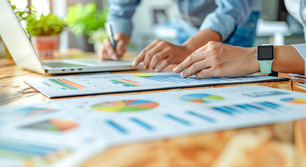 Detail shot of the hands of two people working on a desk with a laptop and sheets with statistical graphs.