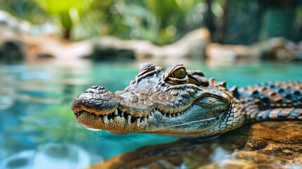 Fototapeta premium A baby alligator is swimming in a pool