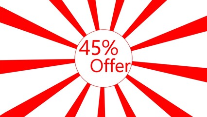 30% offer red lines sunburst rotating on white background.