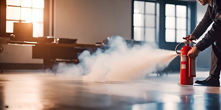 Man using fire extinguisher in a fire.