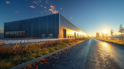 Obraz premium An expansive industrial warehouse bathed in the golden light of sunrise, highlighting its modern architecture.