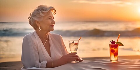 Senior woman with a cocktail on the beach.
