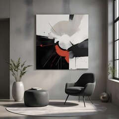 A living room with a big chair and a painting on the wall..
