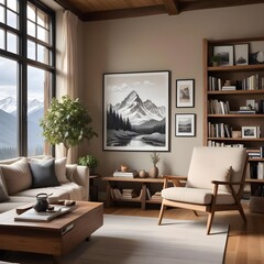 A beautiful modern living room with wooden aesthetics and a painting..