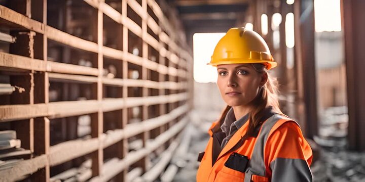 Woman bricklayer at a construction site.
