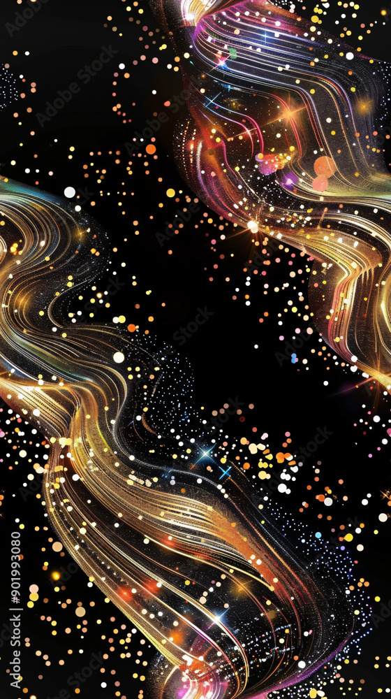 Poster Golden abstract waves flowing on a dark background with vibrant sparkles in a seamless pattern, ideal for festive projects