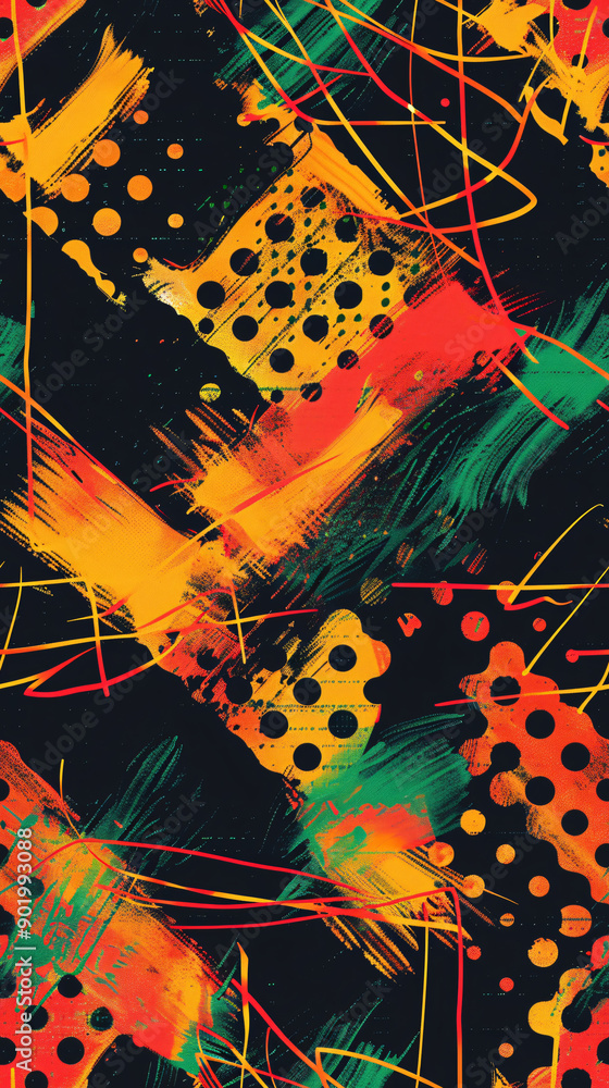 Aufkleber Modern and dynamic seamless pattern with bold brush strokes, vibrant color splatters, and geometric shapes for an abstract and energetic design