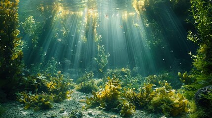 Visual of a restored marine habitat with flourishing seaweed forests and abundant marine life