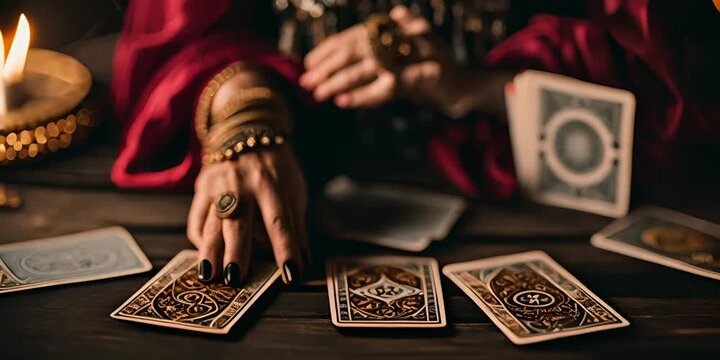 Female tarot reader reading tarot cards.