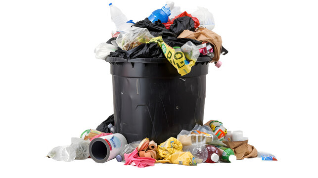 Pile of garbage isolated on transparent background, png file white background. Pераforated card with trash and waste. Waste soil e masking tape. In carton box plastic jar. garbage pile in bin or black