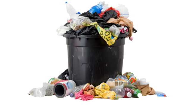 Pile of garbage isolated on transparent background, png file white background. Pераforated card with trash and waste. Waste soil e masking tape. In carton box plastic jar. garbage pile in bin or black