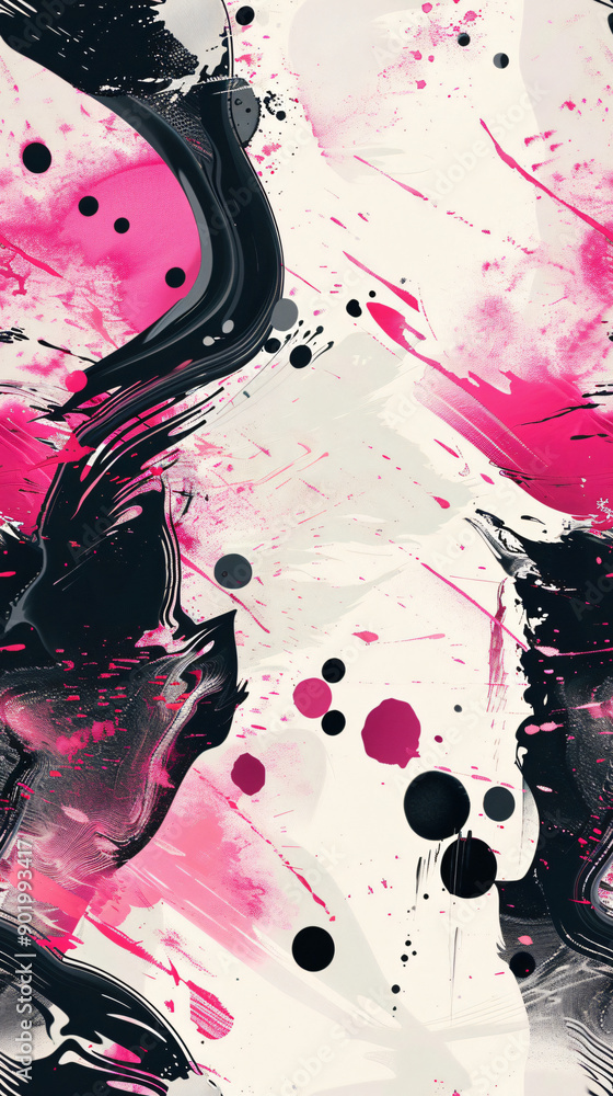 Poster Dynamic composition of pink and black paint splatters creating an abstract seamless pattern on a white background