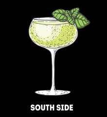 South Side cocktail illustration. Hand drawn sketch. Vector illustration. Isolated object.
