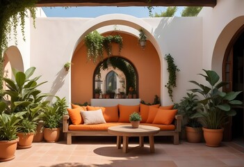 A modern couch with orange pillows in a cozy patio..