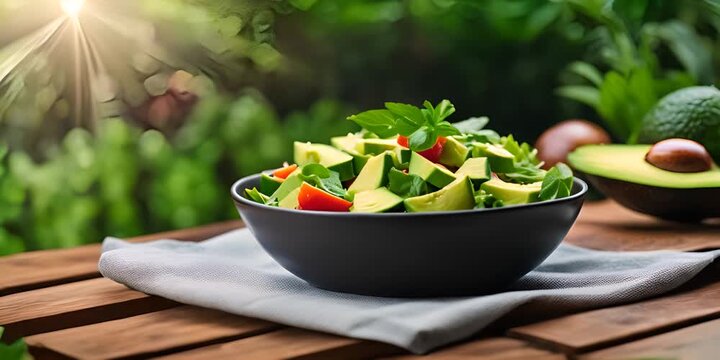 Fresh avocado salad in the garden.