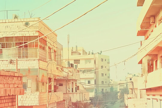 Risograph vibrant riso print travel poster, card, wallpaper or banner illustration, modern, isolated, clear, simple of Raqqa, Syria