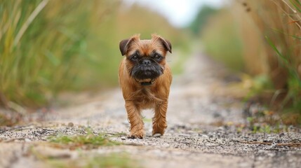 Brussels Griffon on a walk, wide shot. 