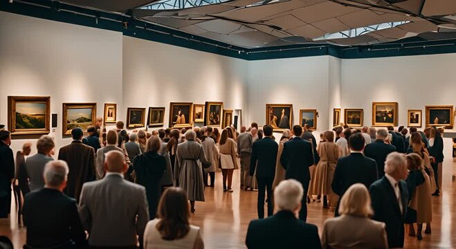 People at an art auction, with paintings.