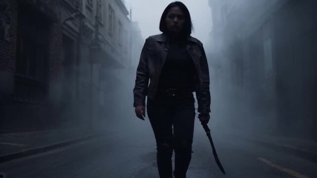 Woman with machete walks in city fog