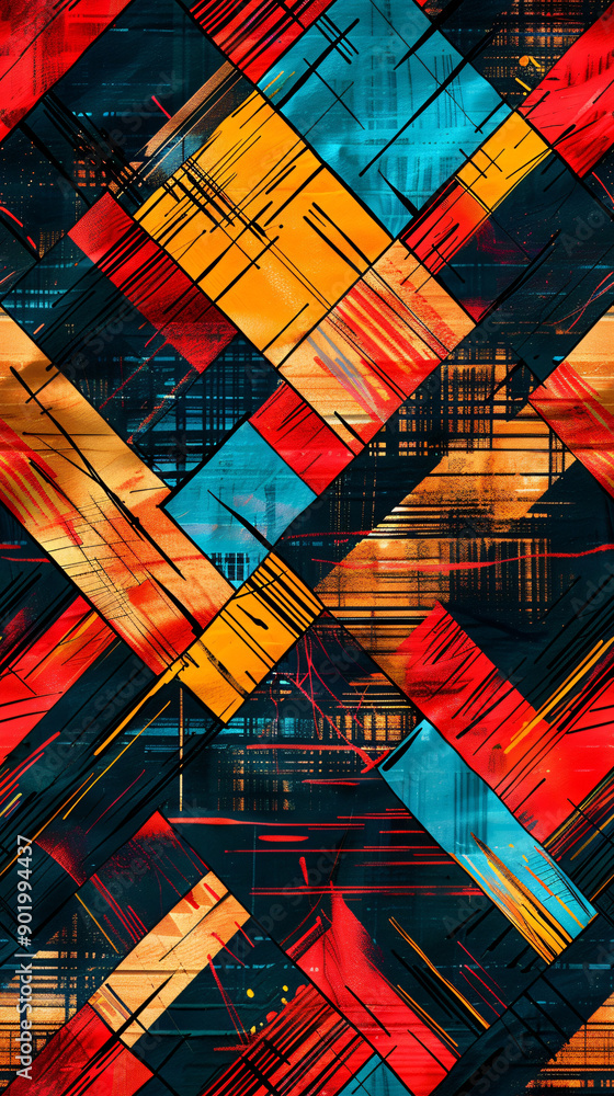 Poster Abstract geometric design with interlocking squares, vibrant colors, and energetic brushstrokes in a seamless pattern