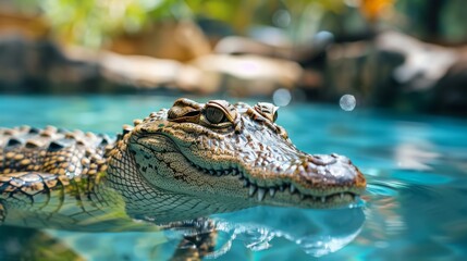 Fototapeta premium A crocodile is swimming in a body of water