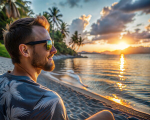 Fototapeta premium A man on the beach watching the sunrise 