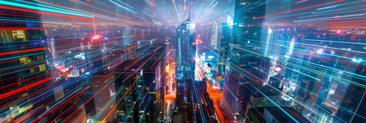 Fototapeta premium Glowing futuristic cityscape at night, illuminated by neon lights and digital data streams, featuring towering skyscrapers. Developing city through global network