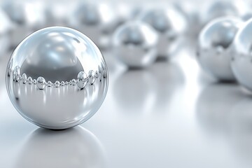 A close-up view of reflective silver spheres on a white surface, creating a microcosm effect with shallow depth of field