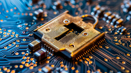 Fototapeta premium Close-Up of a Lock on a Circuit Board Representing Cybersecurity