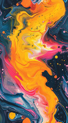 Vibrant liquid acrylic swirls in abstract painting background with colorful mixed paints