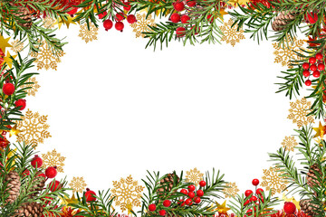 Festive Christmas Frame. Yew branches, cones, decorative golden snowflakes and stars, artificial red berries. Frame isolated on white background, space for text, top view. Overlay background.