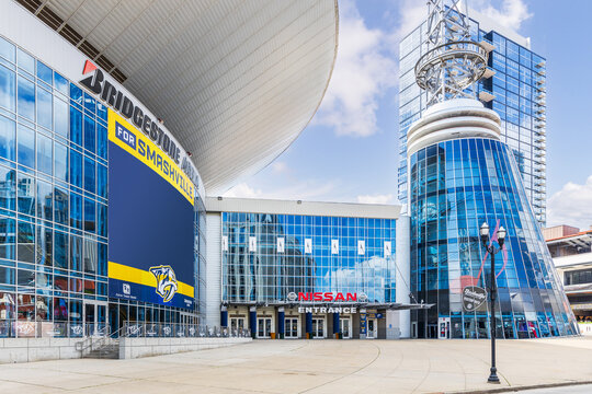 Nashville, TN, USA - April 28, 2021: The Bridgestone Arena is home to the Nashville Predators, located in the downtown Nashville.