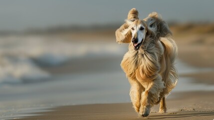 Afghan Hound running on a beach, wide shot. 