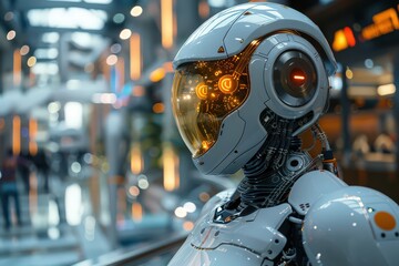 A sleek and futuristic robot equipped with advanced artificial intelligence, standing in a modern, high-tech environment, symbolizing innovation and technology.