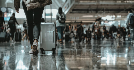 Woman from behind with a rolling suitcase in a crowded airport with copy space