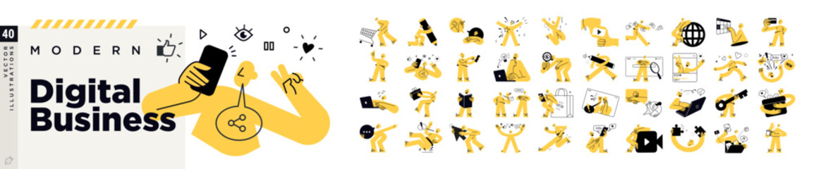 Modern digital business concept illustrations. Vector illustrations of internet business, ecommerce, social media, online communication, management, digital marketing, for graphic and web design.
